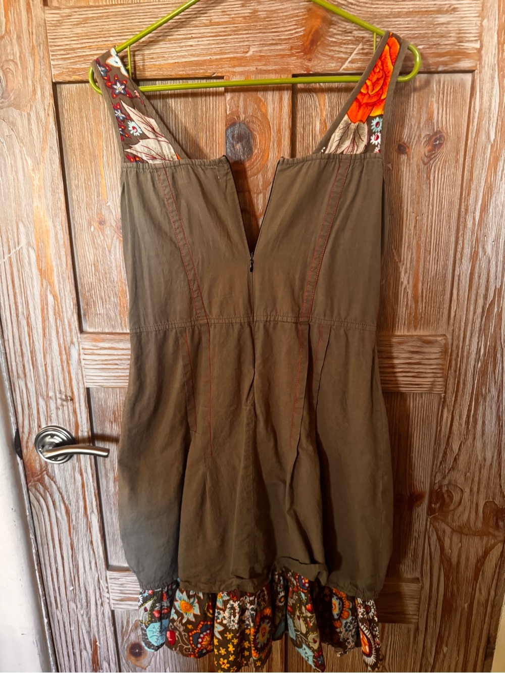 Boho Embroidered brownGreen Sundress with Floral Trim - Picture 2 of 7